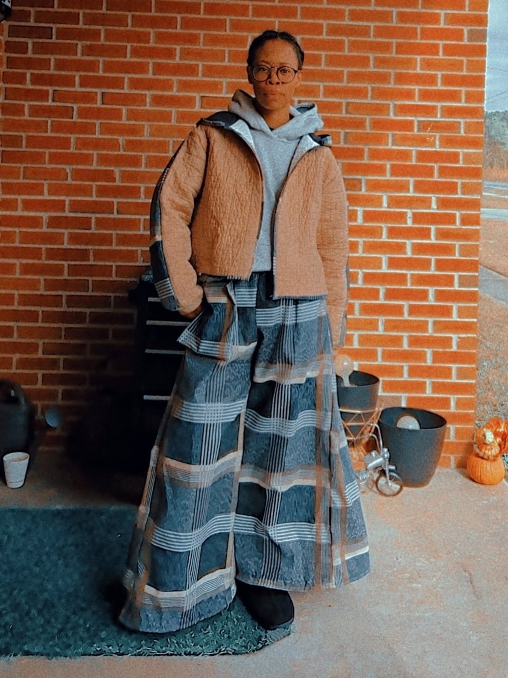 Quilted Patchwork Jacket and Wide Leg Plaid Pants Set